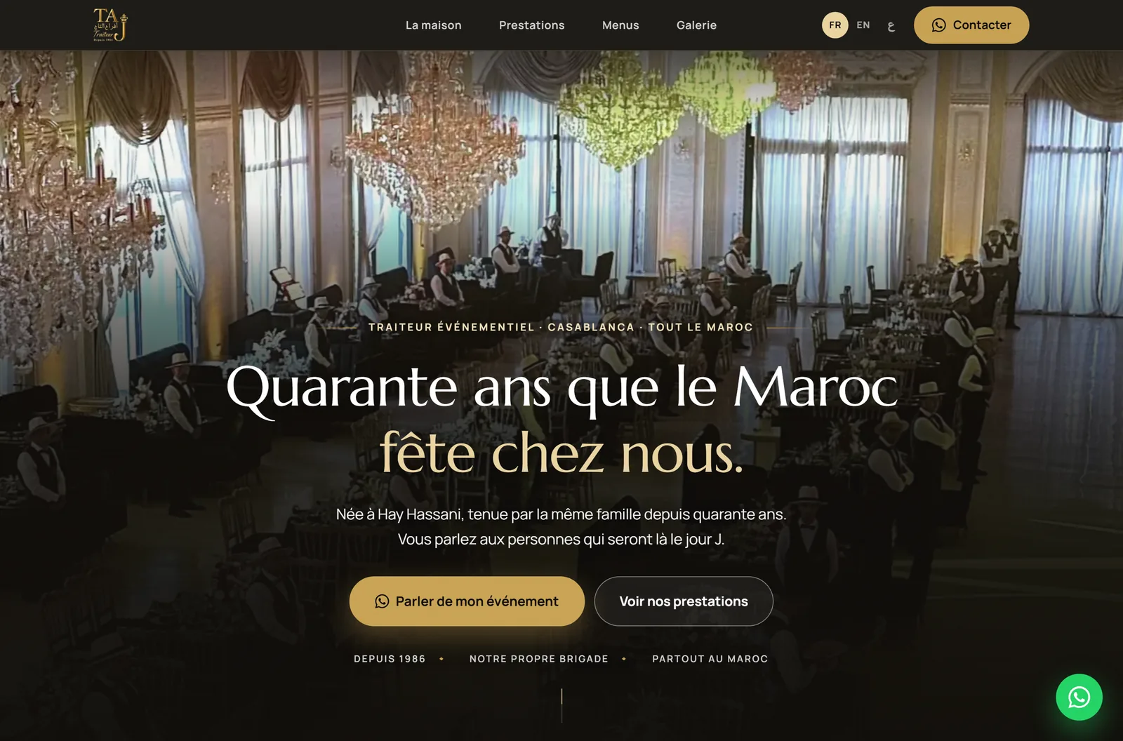 Afrah Taj French homepage showing the hero over a live reception, with trilingual navigation and a WhatsApp call to action