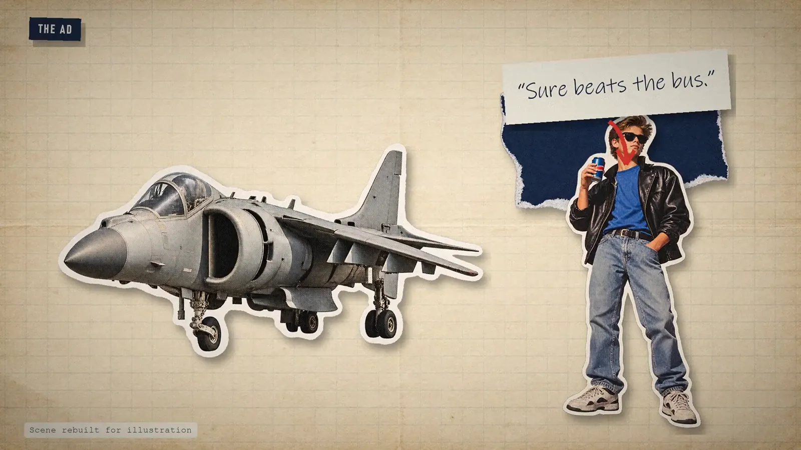 Les découpages du Harrier et du jeune pilote de la publicité, avec la réplique « Sure beats the bus »