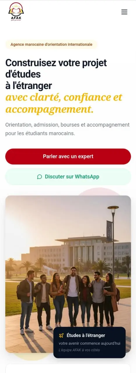 AFAK Study mobile homepage with the study-abroad headline, expert call and WhatsApp button