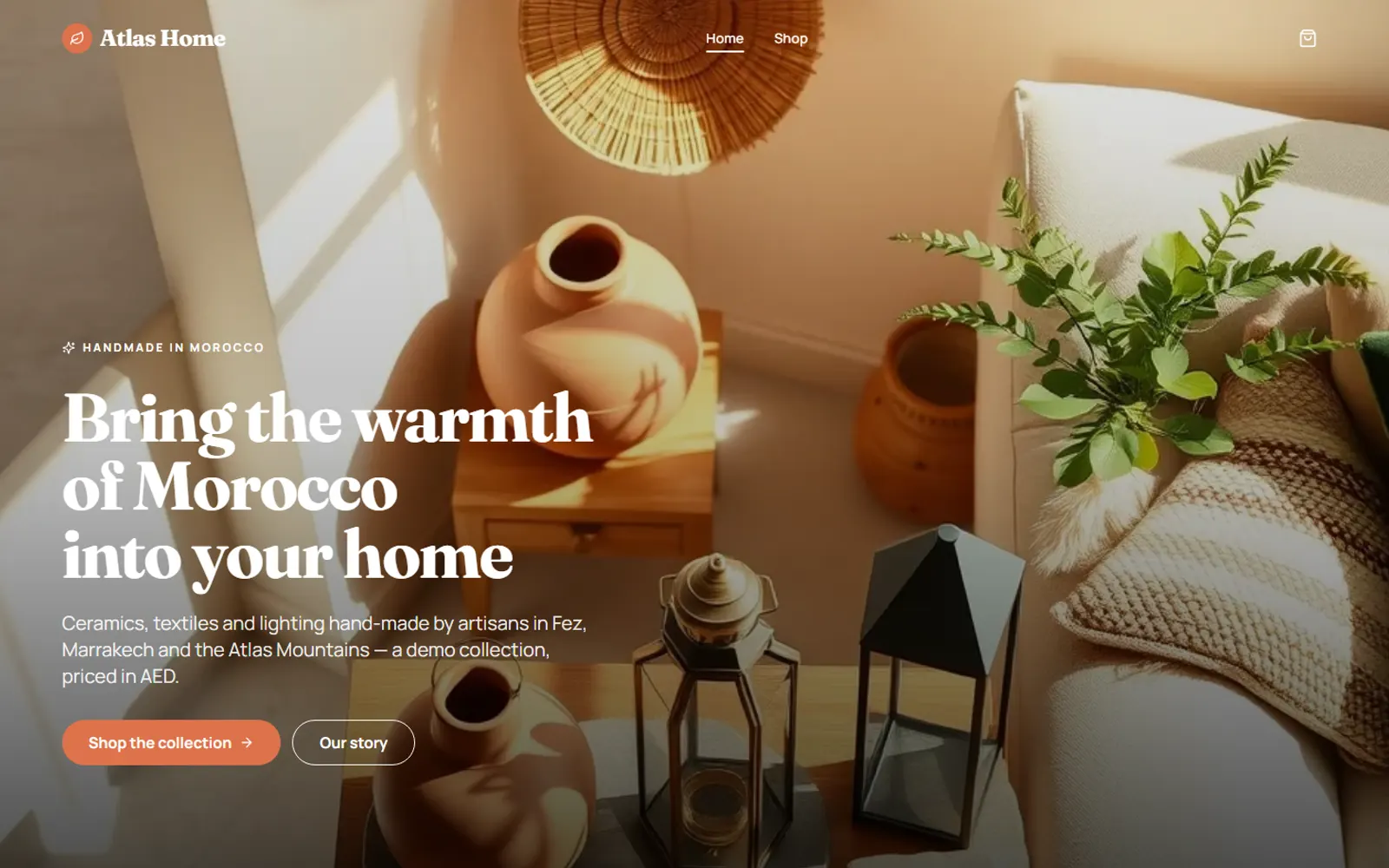 Atlas Home homepage with the headline Bring the warmth of Morocco into your home and handmade ceramics