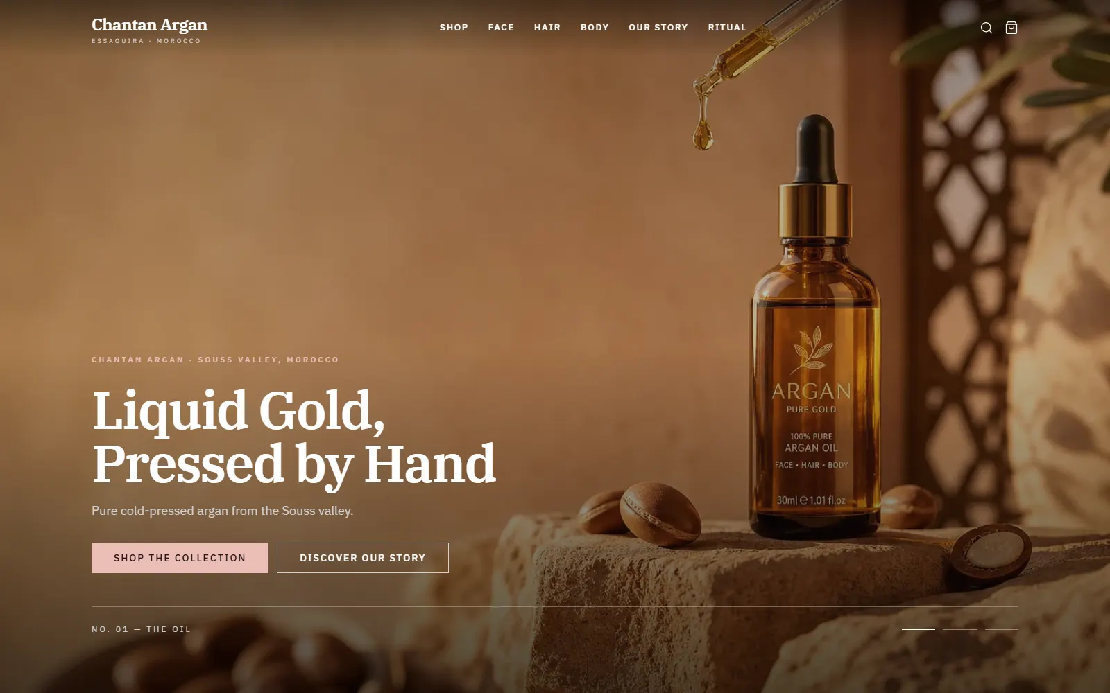 Chantan Argan homepage with the headline Liquid Gold, Pressed by Hand and an amber argan oil bottle
