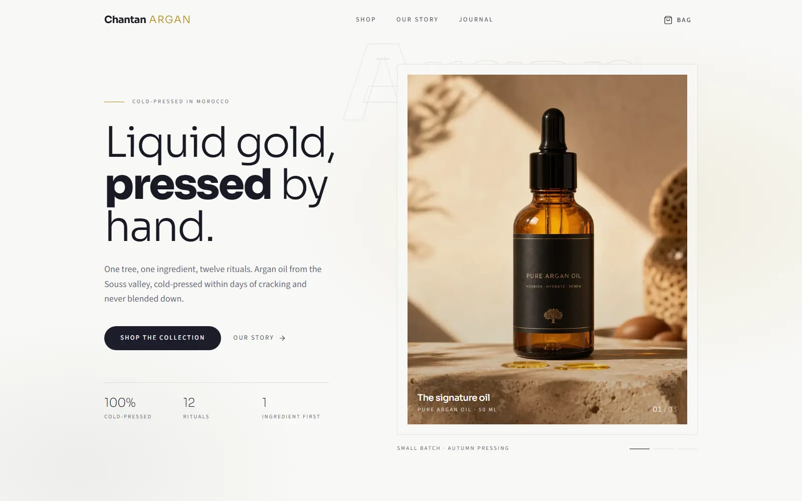 Chantan Argan editorial homepage with the headline Liquid gold, pressed by hand and a dark argan bottle