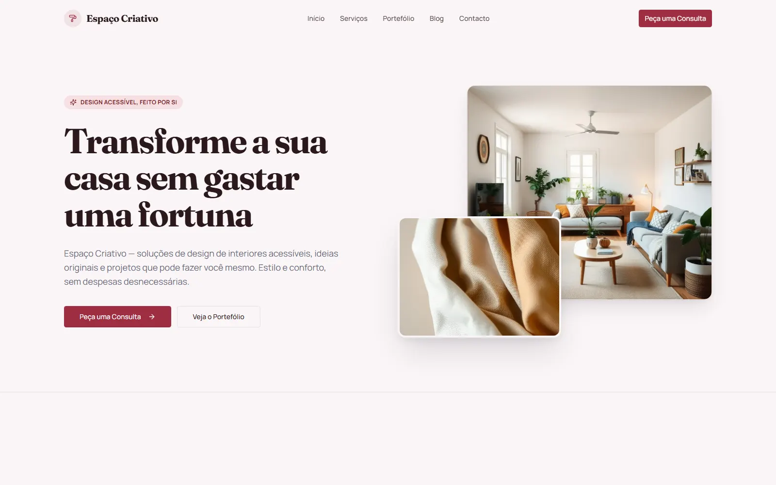 Espaço Criativo homepage with the headline Transforme a sua casa sem gastar uma fortuna and a bright living room