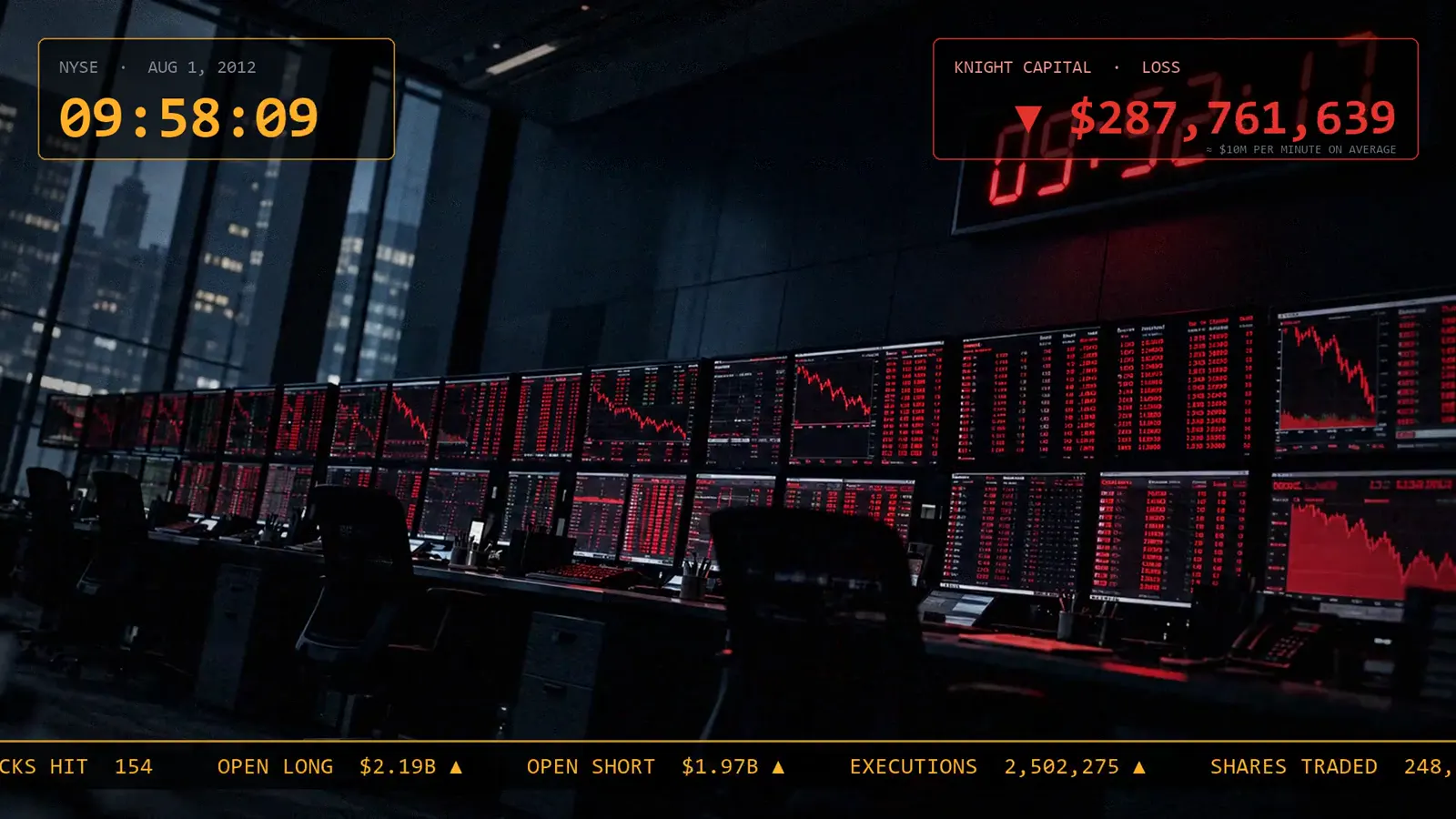A dark trading floor lit by red error screens, with a clock reading 09:58 and a loss counter above $287 million
