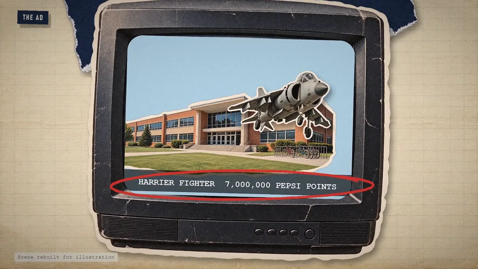 A cut-out vintage television showing a Harrier jet landing at a school, captioned Harrier fighter, 7,000,000 Pepsi points