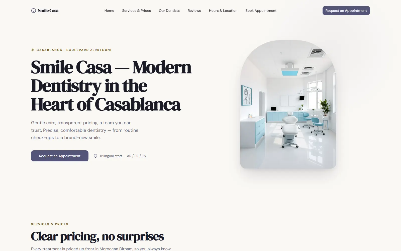 Smile Casa homepage with the headline Modern Dentistry in the Heart of Casablanca and a bright treatment room