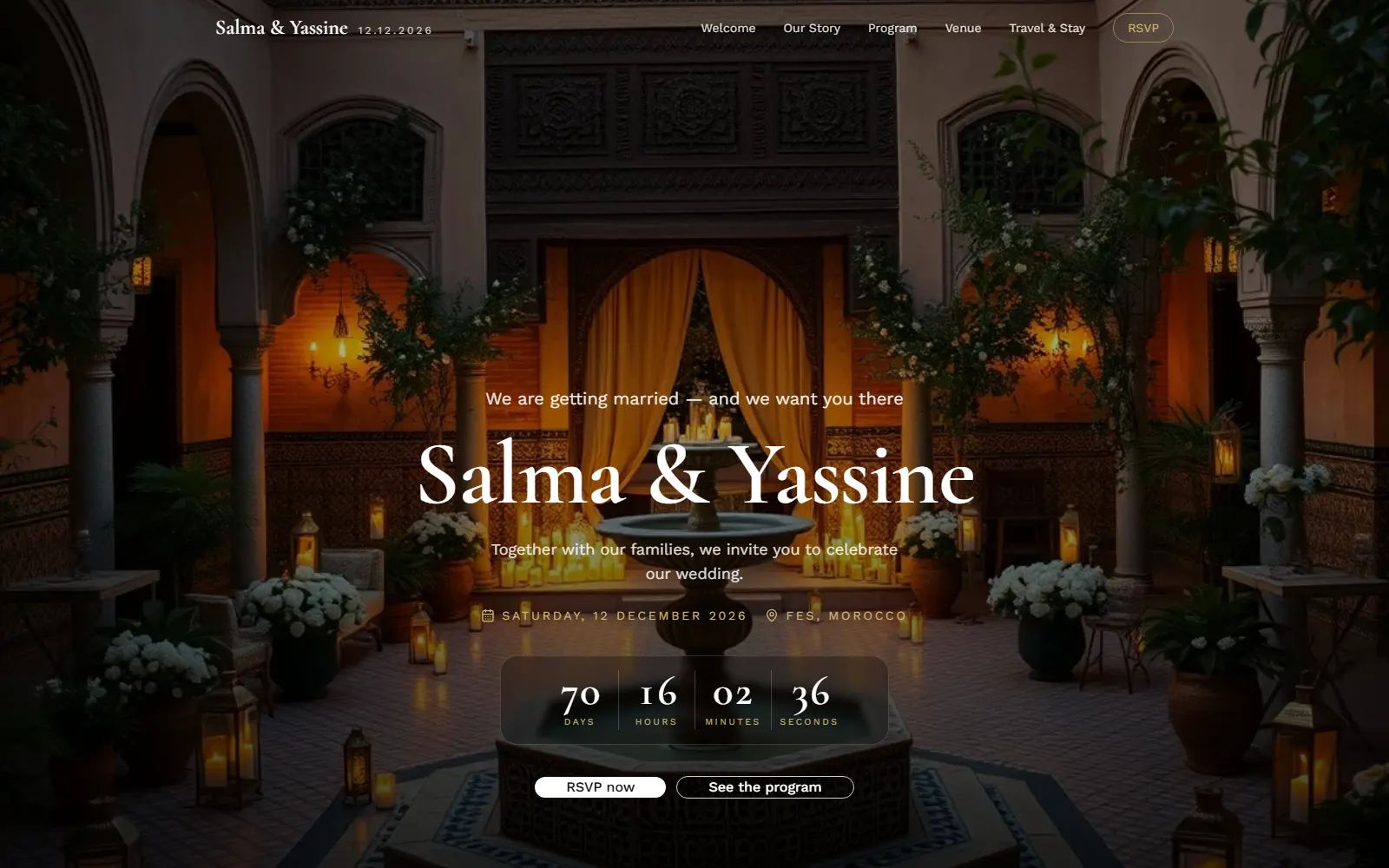 Wedding invitation homepage with Salma & Yassine over a candlelit riad courtyard and a live countdown